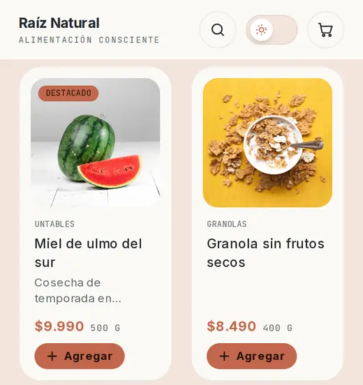 El catálogo de una tienda de ejemplo: productos con foto, precio y botón Agregar